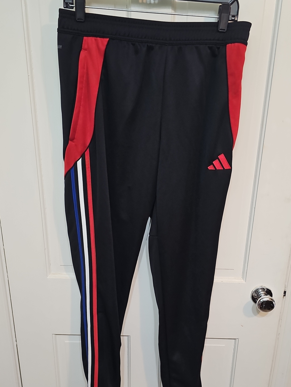 adidas Black Sweatpants with Red and Blue Stripe Accents